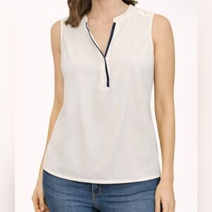 Dalia Collection White Sleeveless Blouse with Navy Trim – Size S